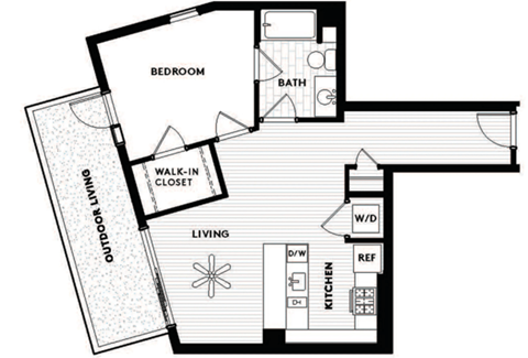 Floor plan for 1 bed, 1 bath, 748 sqft